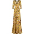 thumbnail image 1 of Bon Rosy, Women's, 3/4 Sleeve Deep V-Neck Printed Maxi Faux Wrap Dress, Mustard, M, 1 of 1