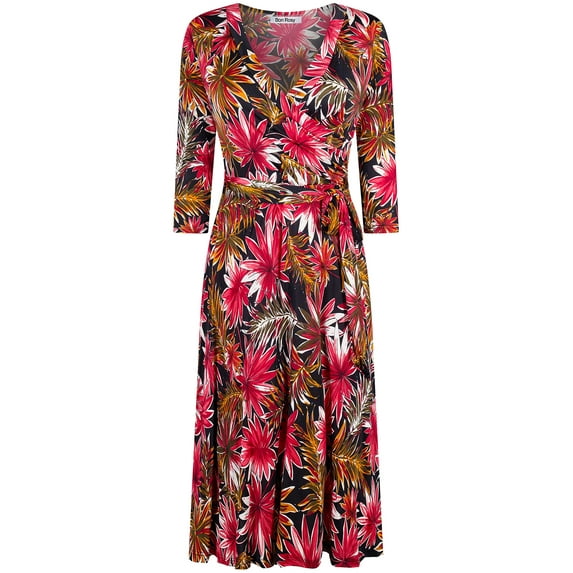 Bon Rosy, Women's, 3/4 Sleeve Faux Wrap Midi Dress Knee Length, Black, L