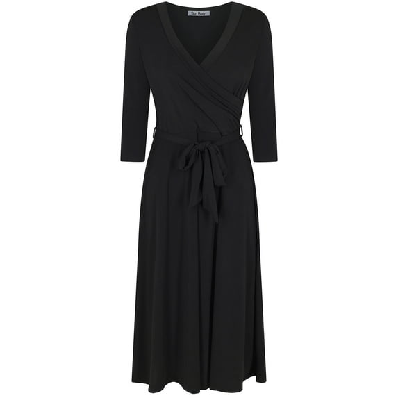 Bon Rosy, Women's, 3/4 Sleeve Faux Wrap Midi Dress Knee Length, Black, S