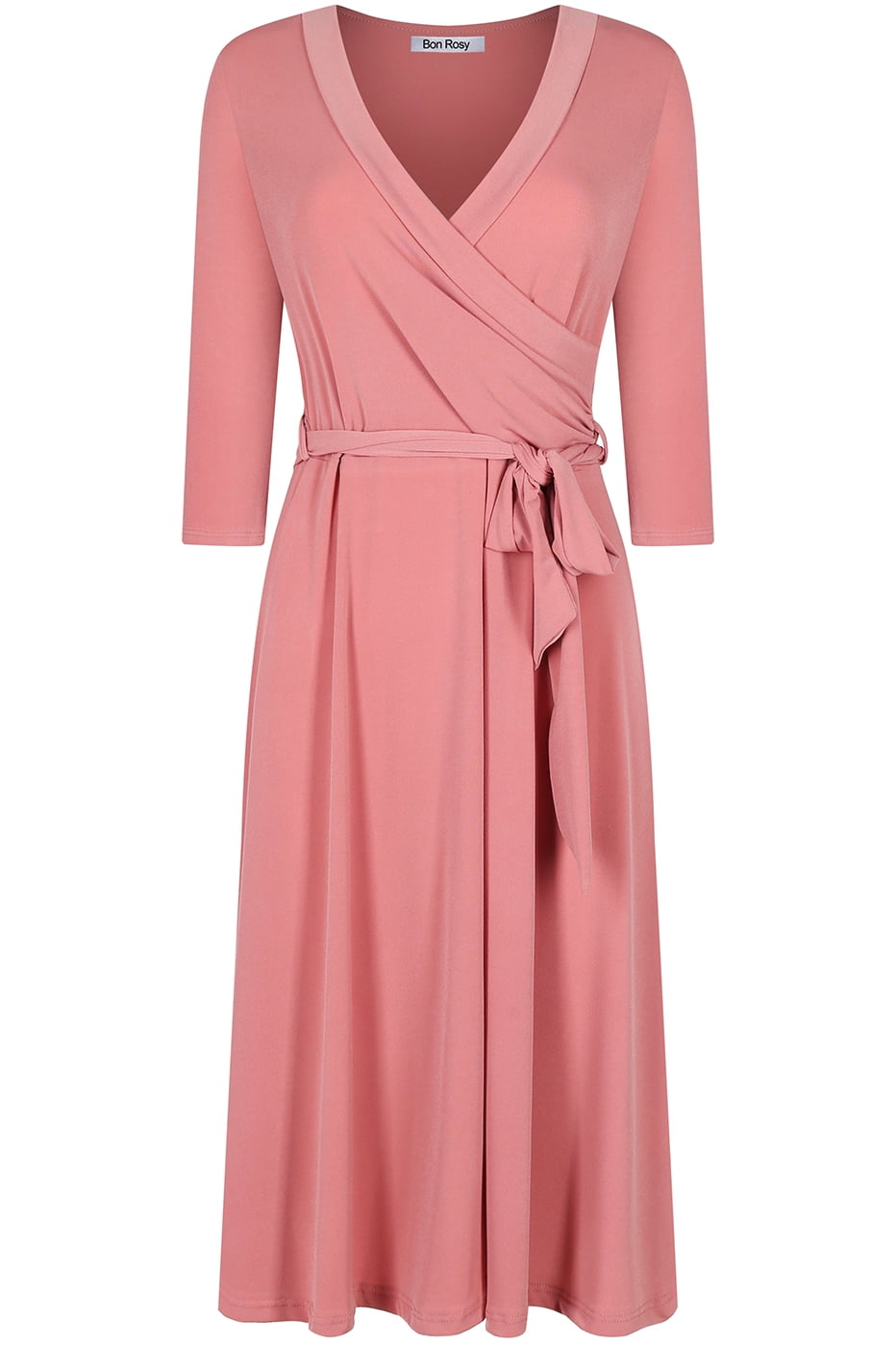 Bon Rosy, Women's, 3/4 Sleeve Faux Wrap Midi Dress Knee Length, Blush, L -  Walmart.com