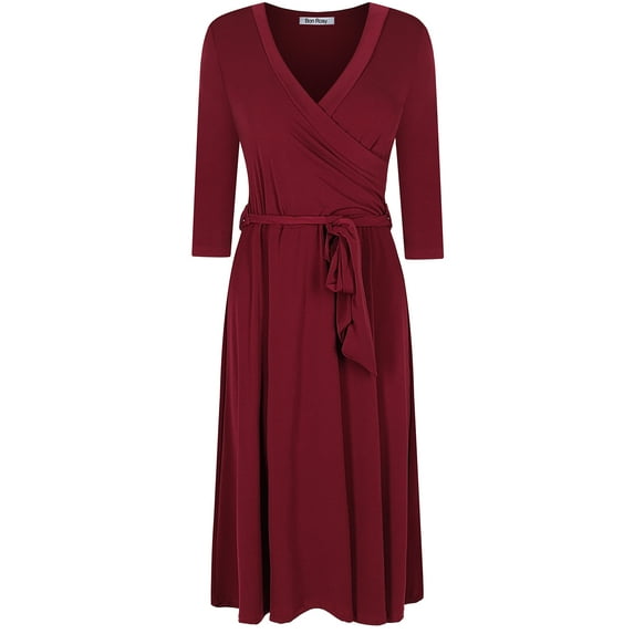 Bon Rosy, Women's, 3/4 Sleeve Faux Wrap Midi Dress Knee Length, Burgundy, L