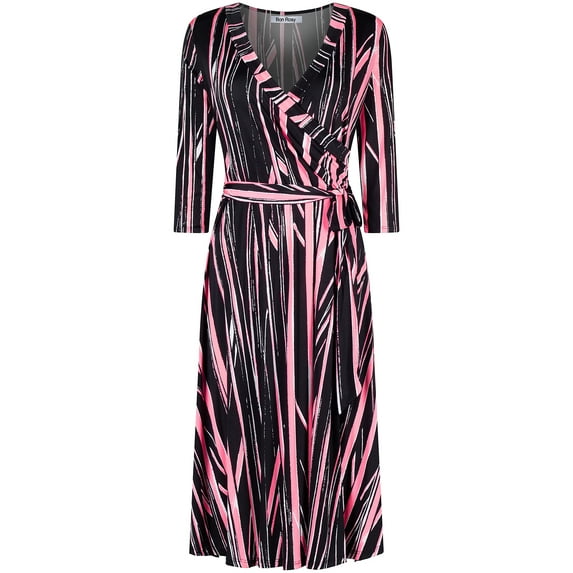 Bon Rosy, Women's, 3/4 Sleeve Faux Wrap Midi Dress Knee Length, Fuchsia, L