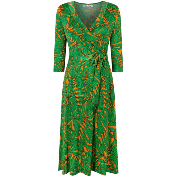 Bon Rosy, Women's, 3/4 Sleeve Faux Wrap Midi Dress Knee Length, Green Yellow, L