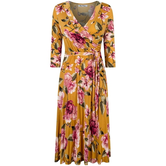 Bon Rosy, Women's, 3/4 Sleeve Faux Wrap Midi Dress Knee Length, Mustard, M