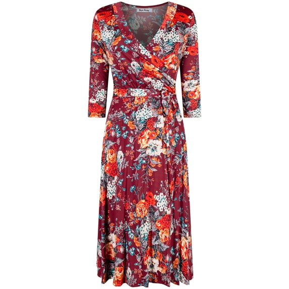 Bon Rosy, Women's, 3/4 Sleeve Faux Wrap Midi Dress Knee Length, Red, L