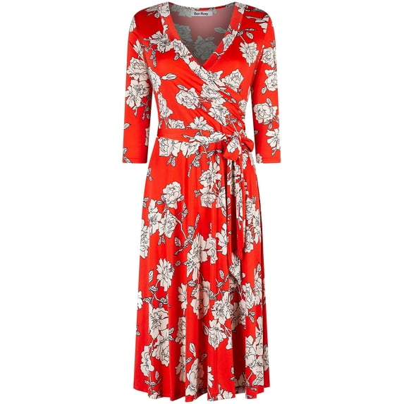 Bon Rosy, Women's, 3/4 Sleeve Faux Wrap Midi Dress Knee Length, Red, S