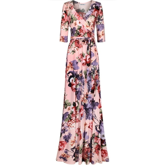 Bon Rosy, Women's, 3/4 Sleeve V-Neck Floral Printed Maxi Wrap Dress, Baby Pink, XL