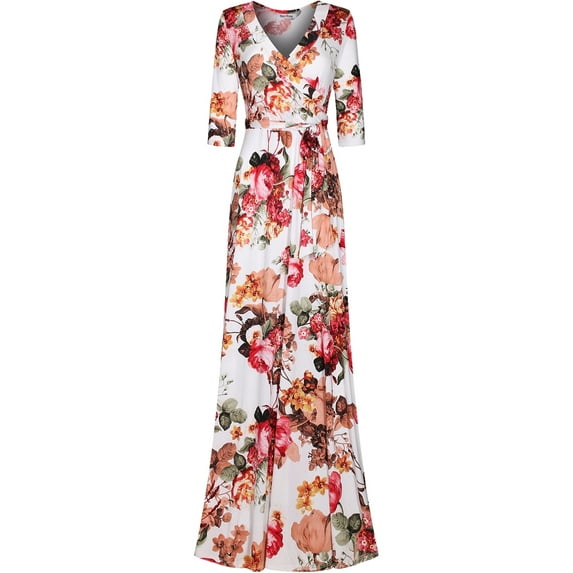 Bon Rosy, Women's, 3/4 Sleeve V-Neck Floral Printed Maxi Wrap Dress, Ivory, M