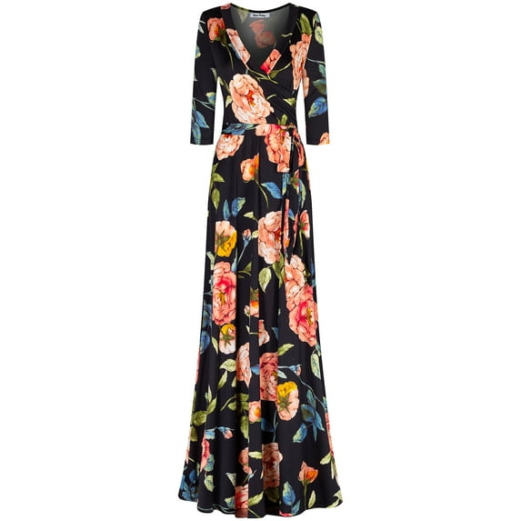 Bon Rosy, Women's, 3/4 Sleeve V-Neck Printed Maxi Faux Wrap Dress, Black Coral, XL