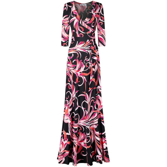 Bon Rosy, Women's, 3/4 Sleeve V-Neck Printed Maxi Faux Wrap Dress, Black Red, S