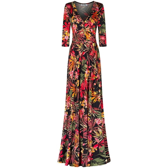 Bon Rosy, Women's, 3/4 Sleeve V-Neck Printed Maxi Faux Wrap Dress, Black, XL
