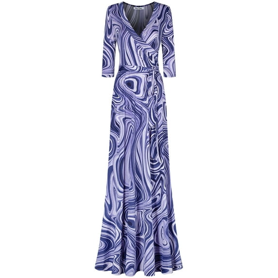 Bon Rosy, Women's, 3/4 Sleeve V-Neck Printed Maxi Faux Wrap Dress, Blue, M