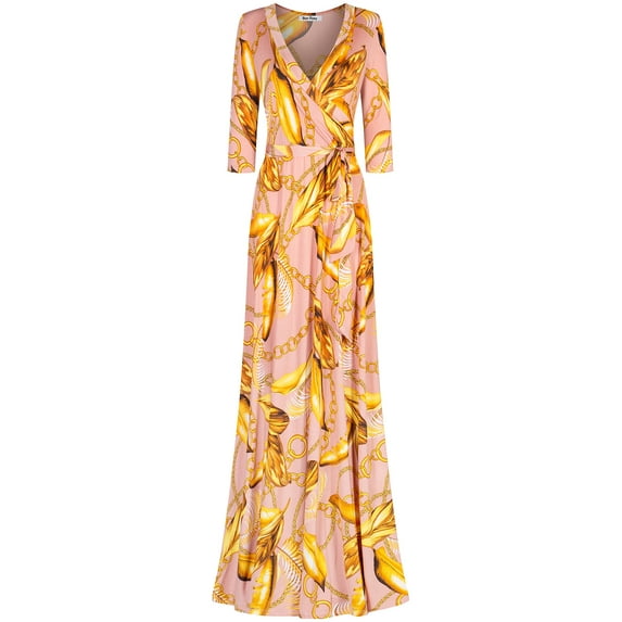 Bon Rosy, Women's, 3/4 Sleeve V-Neck Printed Maxi Faux Wrap Dress, Blush, XL