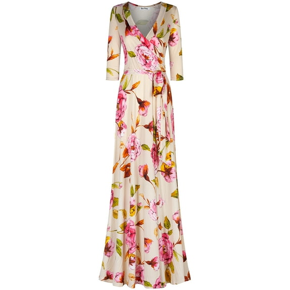Bon Rosy, Women's, 3/4 Sleeve V-Neck Printed Maxi Faux Wrap Dress, Cream Pink, XL