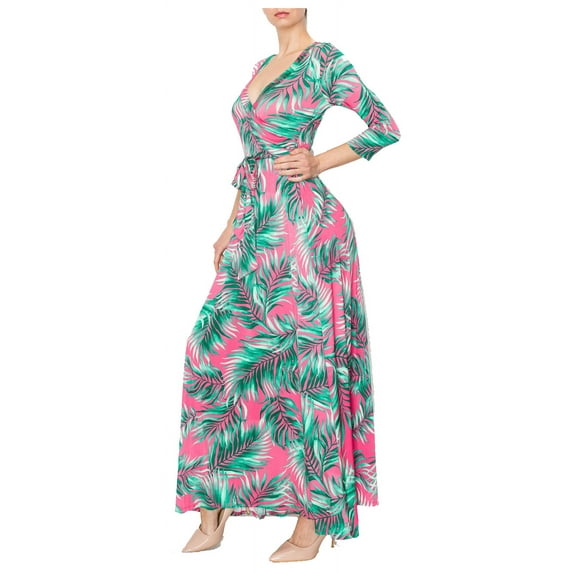 Bon Rosy, Women's, 3/4 Sleeve V-Neck Printed Maxi Faux Wrap Dress, Fuchsia, L