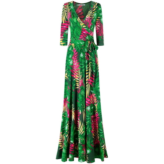 Bon Rosy, Women's, 3/4 Sleeve V-Neck Printed Maxi Faux Wrap Dress, Green, M