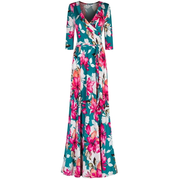 Bon Rosy, Women's, 3/4 Sleeve V-Neck Printed Maxi Faux Wrap Dress, Green, XL