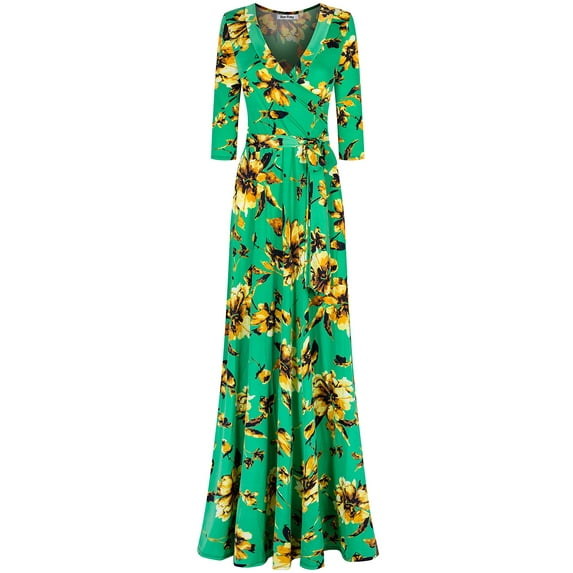 Bon Rosy, Women's, 3/4 Sleeve V-Neck Printed Maxi Faux Wrap Dress, Green Yellow, S