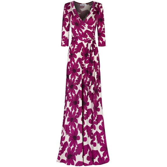 Bon Rosy, Women's, 3/4 Sleeve V-Neck Printed Maxi Faux Wrap Dress, Magenta, S