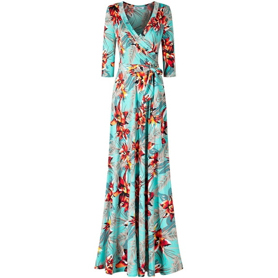 Bon Rosy, Women's, 3/4 Sleeve V-Neck Printed Maxi Faux Wrap Dress, Mint Red, S
