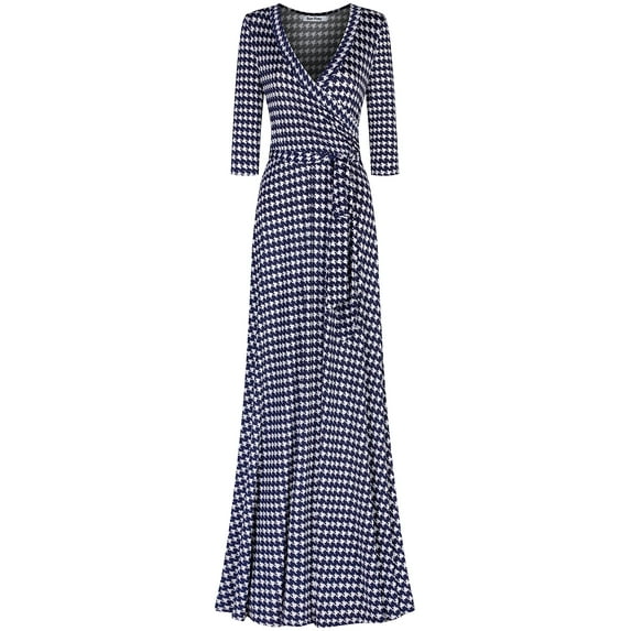 Bon Rosy, Women's, 3/4 Sleeve V-Neck Printed Maxi Faux Wrap Dress, Navy, L