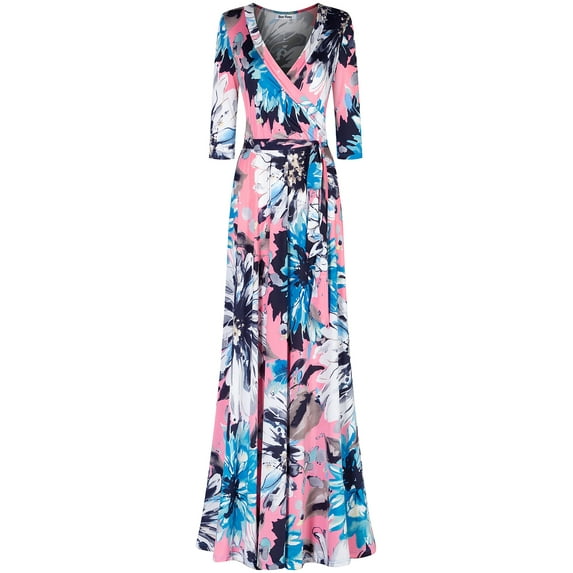 Bon Rosy, Women's, 3/4 Sleeve V-Neck Printed Maxi Faux Wrap Dress, Pink Black, S