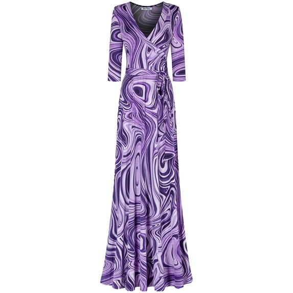 Bon Rosy, Women's, 3/4 Sleeve V-Neck Printed Maxi Faux Wrap Dress, Purple, S