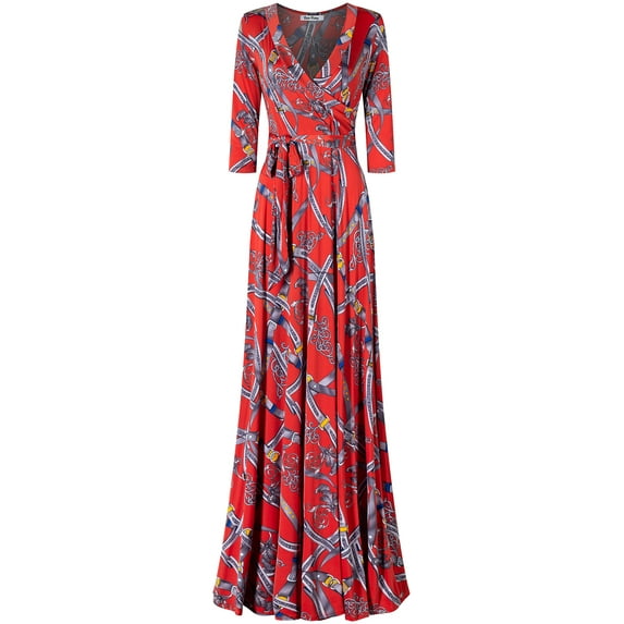 Bon Rosy, Women's, 3/4 Sleeve V-Neck Printed Maxi Faux Wrap Dress, Red Gray, L