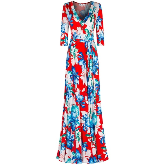Bon Rosy, Women's, 3/4 Sleeve V-Neck Printed Maxi Faux Wrap Dress, Red, S