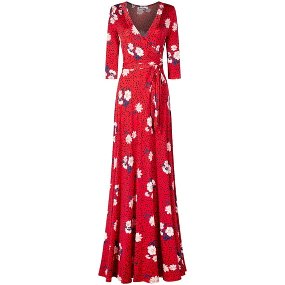 Bon Rosy, Women's, 3/4 Sleeve V-Neck Printed Maxi Faux Wrap Dress, Red White, S