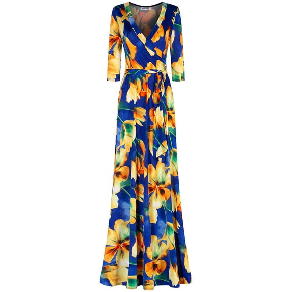 Bon Rosy, Women's, 3/4 Sleeve V-Neck Printed Maxi Faux Wrap Dress, Royal Blue, L