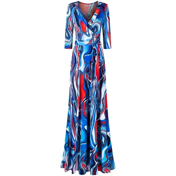 Bon Rosy, Women's, 3/4 Sleeve V-Neck Printed Maxi Faux Wrap Dress, Royal Red, L