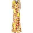 thumbnail image 1 of Bon Rosy, Women's, 3/4 Sleeve V-Neck Printed Maxi Faux Wrap Dress, Yellow, M, 1 of 2
