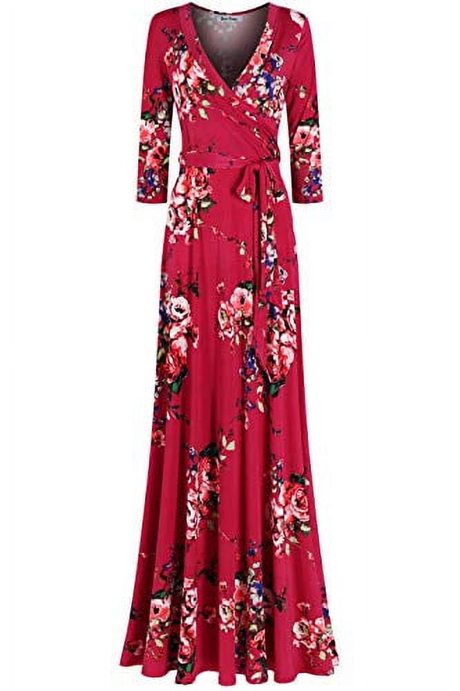 Women's 3/4 Sleeve V-Neck Faux Wrap Maxi Dress - Blue Red Print, Flowy & Comfortable