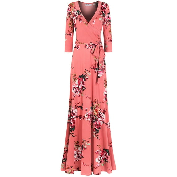 Bon Rosy, Women's, 3/4 Sleeve V-Neck Printed Maxi Faux Wrap Floral Dress, Blush, XL