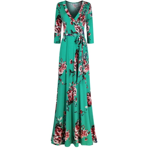 Bon Rosy, Women's, 3/4 Sleeve V-Neck Printed Maxi Faux Wrap Floral Dress, Green, S