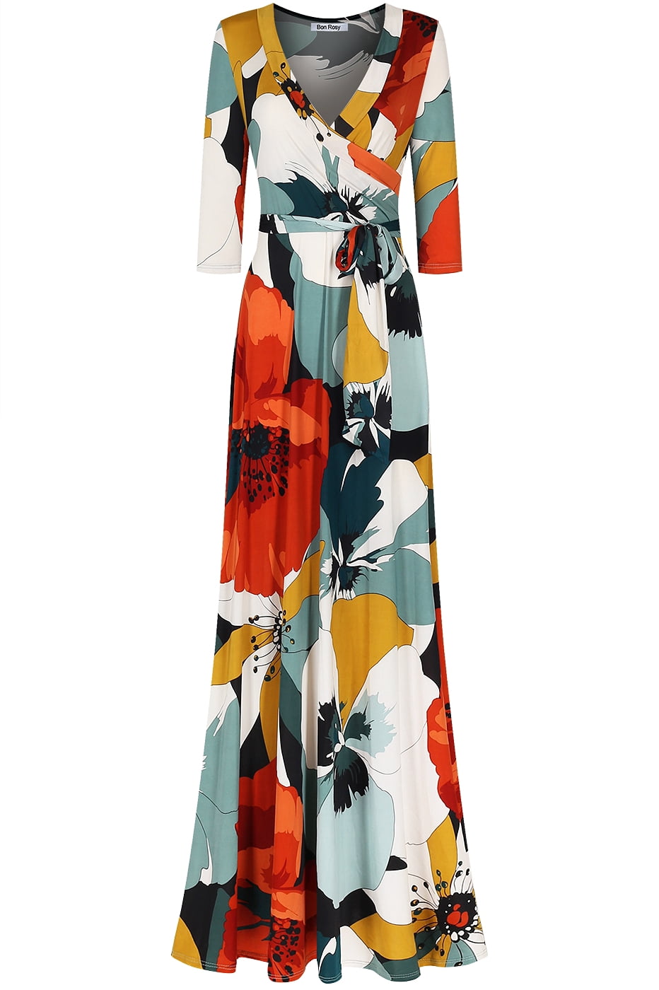 Bon Rosy, Women's, 3/4 Sleeve V-Neck Printed Maxi Faux Wrap Floral Dress, Orange  Green, M - Walmart.com