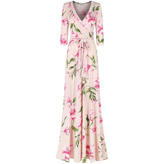 Bon Rosy, Women's, 3/4 Sleeve V-Neck Printed Maxi Faux Wrap Floral Dress, Peach, M