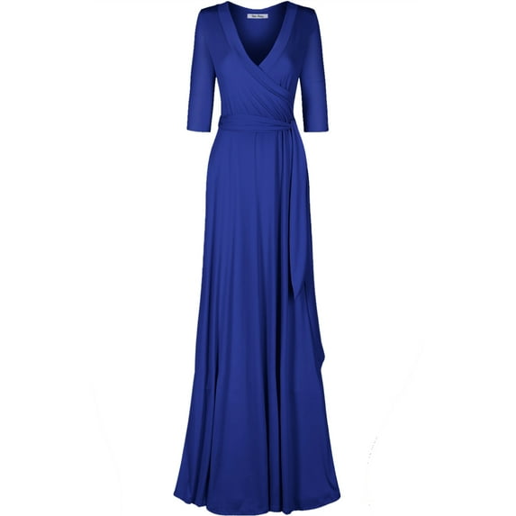 Bon Rosy, Women's, 3/4 Sleeve V-Neck Solid Maxi Wrap Dress, Royal Blue, S