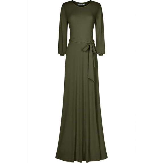 Bon Rosy, Women's, Cuffed Long Sleeve Round Neck Maxi A-Line Dress, Olive, L