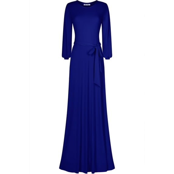 Bon Rosy, Women's, Cuffed Long Sleeve Round Neck Maxi A-Line Dress, Royal Blue, M