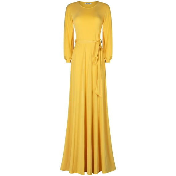 Bon Rosy, Women's, Cuffed Long Sleeve Round Neck Maxi A-Line Dress, Yellow, XL