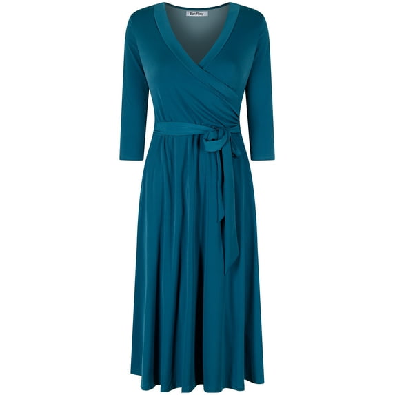 Bon Rosy, Women's, MadeInUSA 3/4 Sleeve V-Neck Printed Knee Length Midi Faux Wrap Floral Dress, Jade, S