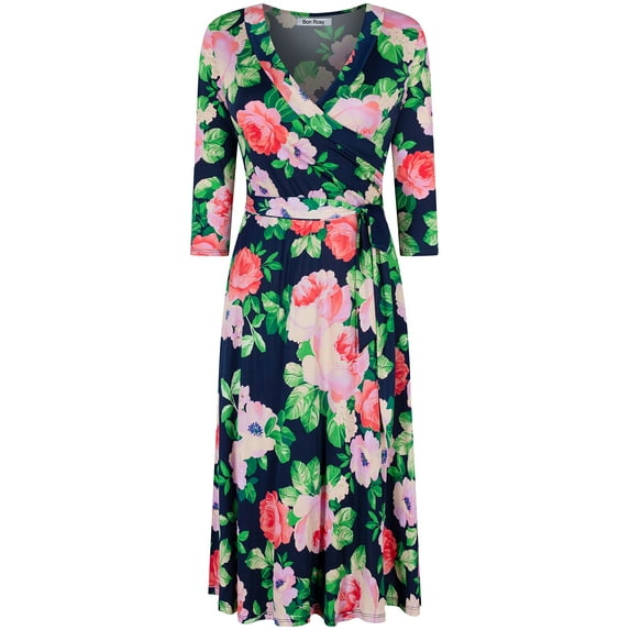 Bon Rosy, Women's, MadeInUSA 3/4 Sleeve V-Neck Printed Knee Length Midi Faux Wrap Floral Dress, Navy, M