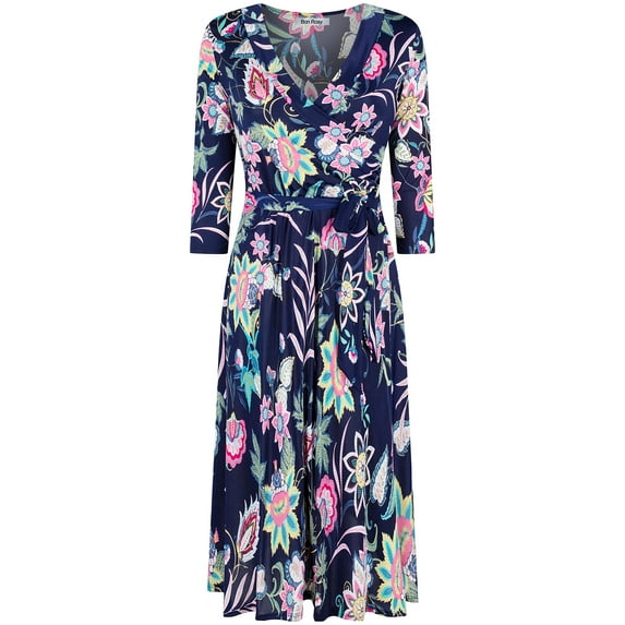 Bon Rosy, Women's, MadeInUSA 3/4 Sleeve V-Neck Printed Knee Length Midi Faux Wrap Floral Dress, Navy, S