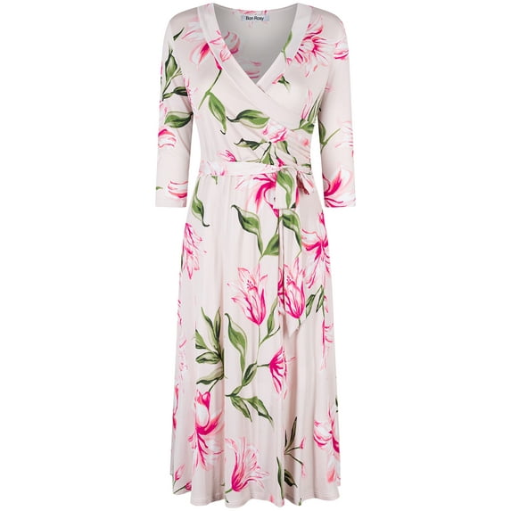 Bon Rosy, Women's, MadeInUSA 3/4 Sleeve V-Neck Printed Knee Length Midi Faux Wrap Floral Dress, Peach, M