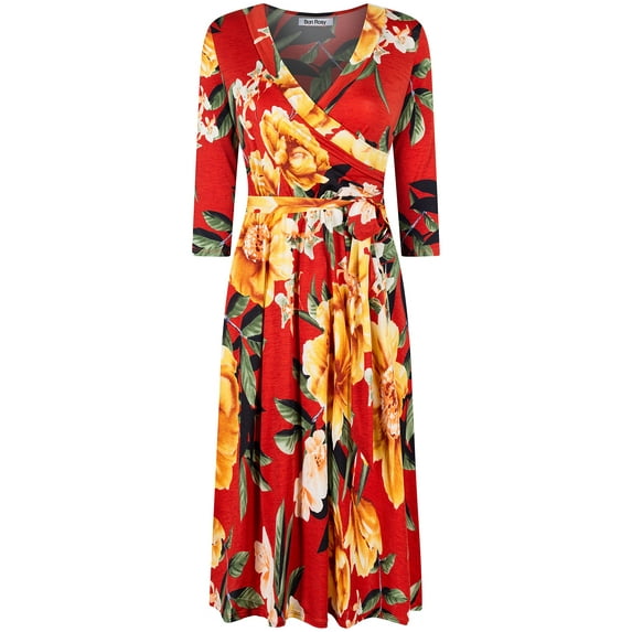 Bon Rosy, Women's, MadeInUSA 3/4 Sleeve V-Neck Printed Knee Length Midi Faux Wrap Floral Dress, Rust, M