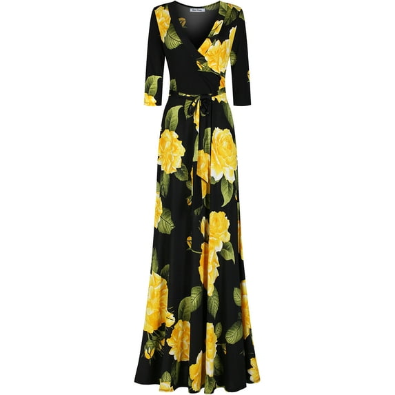 Bon Rosy, Women's, Silky and Stretchy 3/4 Sleeve Deep V-Neck Floral Printed Maxi Faux Wrap Dress, Black, XL