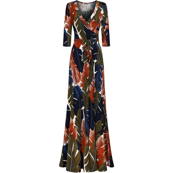 Bon Rosy, Women's, Silky and Stretchy 3/4 Sleeve Deep V-Neck Floral Printed Maxi Faux Wrap Dress, Navy Brown, S
