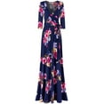thumbnail image 1 of Bon Rosy, Women's, Silky and Stretchy 3/4 Sleeve Deep V-Neck Peony Printed Maxi Faux Wrap Dress, Navy Pink, L, 1 of 2
